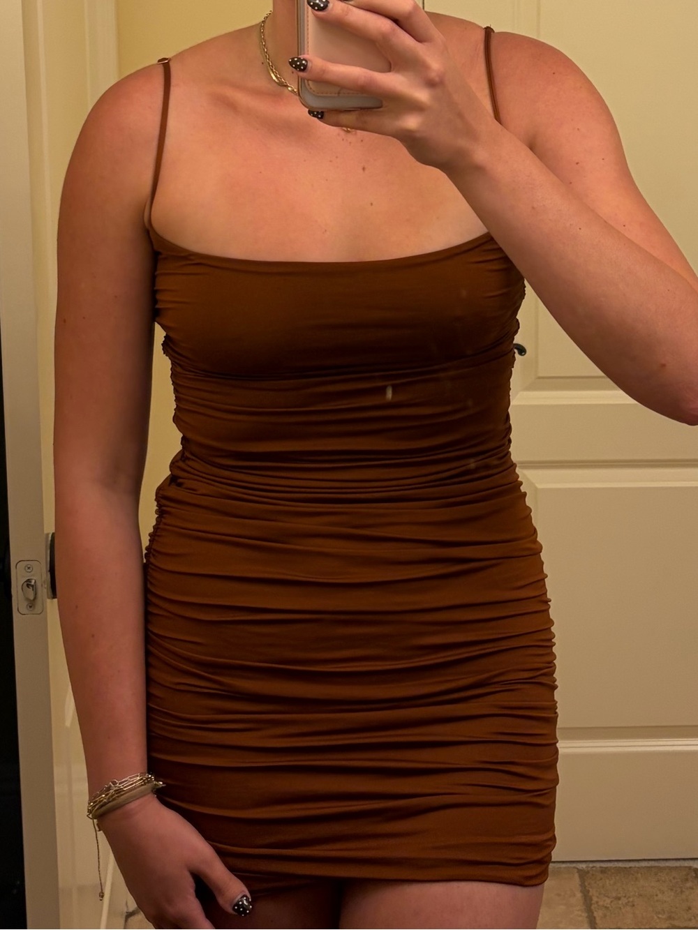 Oh Polly Rust Brown Ruched Bodycon Mini Dress
